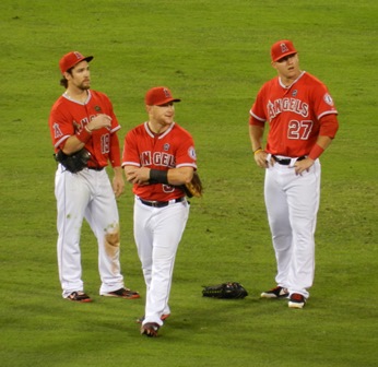 During a pitching change, former FanCave Dweller and all around Angels Superfan Ricardo Marquez riveted the eye of the dance cam with his rally moves. Here we see our dynamic trio's (Collin Cowgill, Mike Trout and Kole Calhoun) priceless reaction. Angels vs. A's, September 23, 2013. Photo by This is a very simple game...
